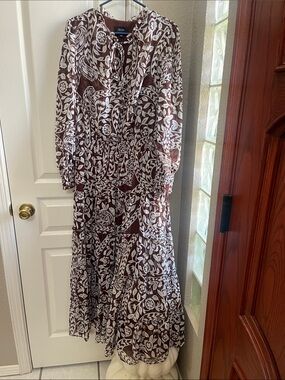 MSK Brown & White Floral Paisley Maxi Dress with Tie Neck &Elastic waist band.